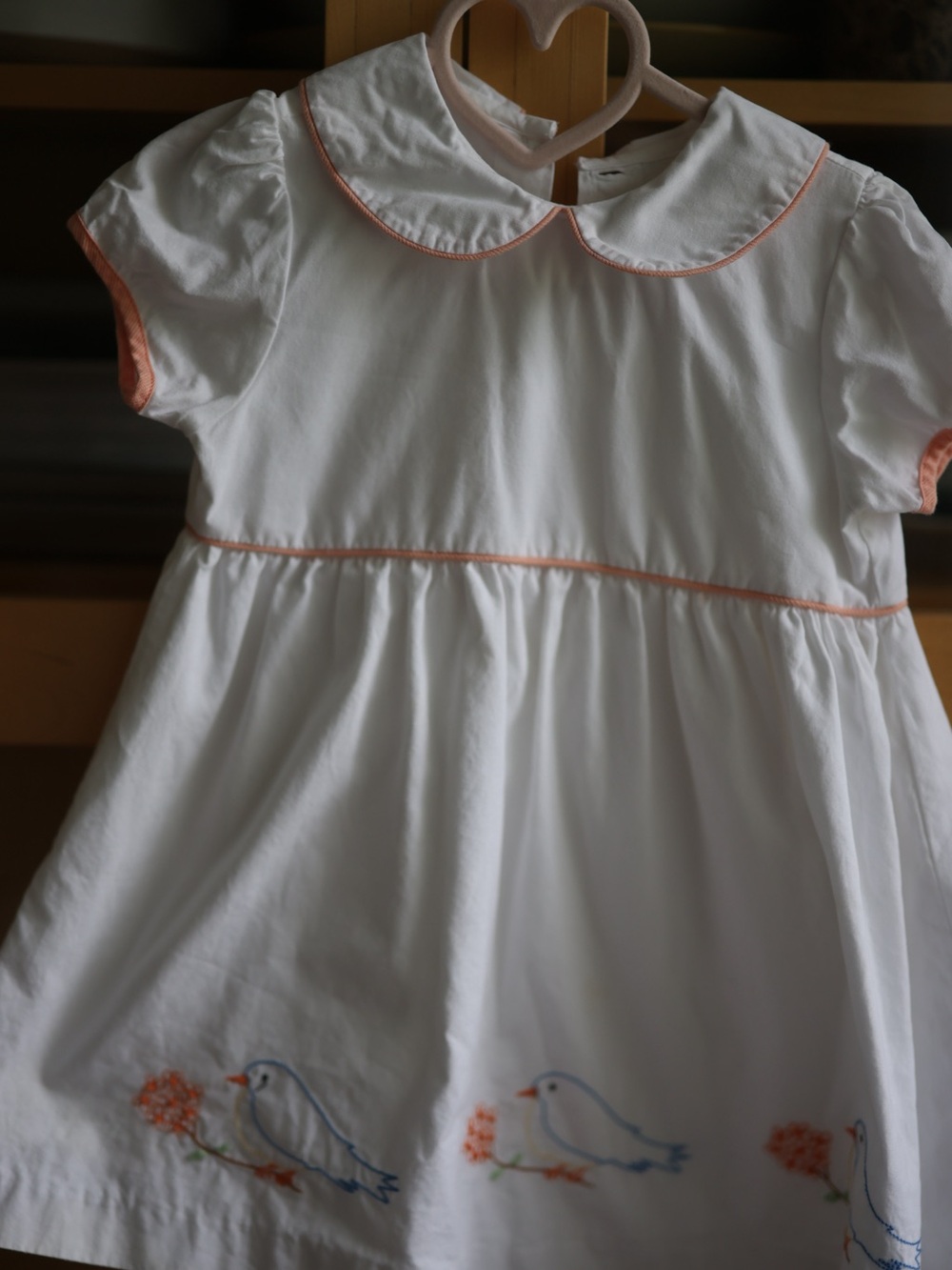 White Kids Nightgown with Peach Trim and Bird Embroidery